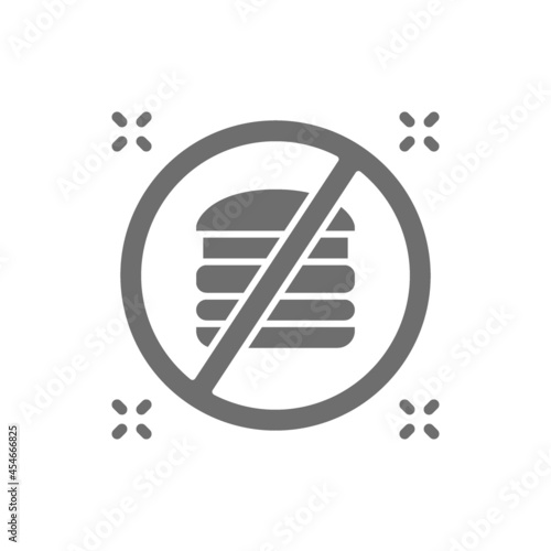 Forbidden sign with a hamburger, no fast food grey icon.