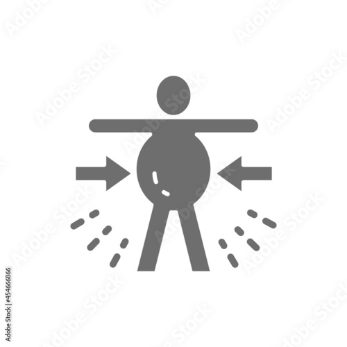 Abdominal distention, obesity, stomachache grey icon. Isolated on white background