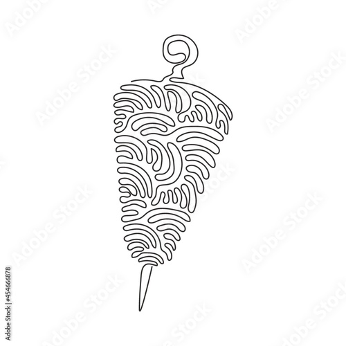 Single continuous line drawing doner kebab on pole. Arabic cuisine fast food menu. Middle eastern food with meat and fat. Swirl curl style. Dynamic one line draw graphic design vector illustration