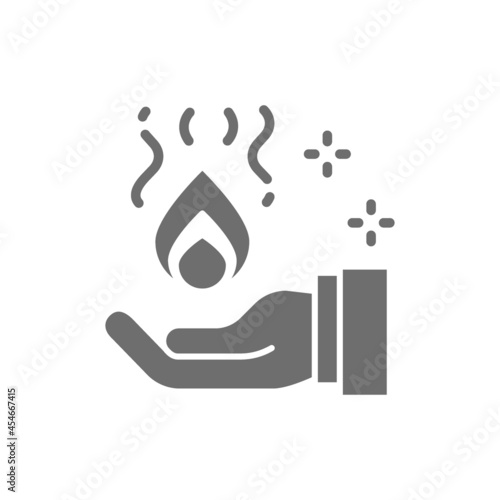 Trick with fire in hand, magic grey icon.