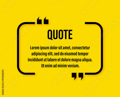 Modern minimal black frame for your text with jogs. Quote, information, remark, speech. Black on a yellow background with shadow. 