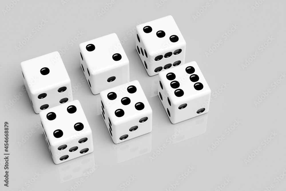 3D illustration set of game dice, isolated on white background. Dice design from one to six. 3D illustration set of game dice, isolated on white background. Dice design from one to six.