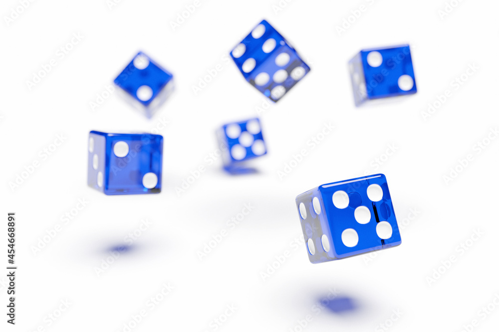 Blue dice fly on white background . Two dice casino game template concept. Casino background. Blue dice fly on white background . Two dice casino game template concept. Casino background.