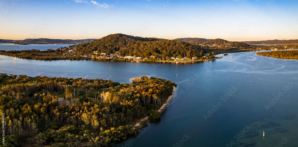 Late afternoon aerial waterscape panorama