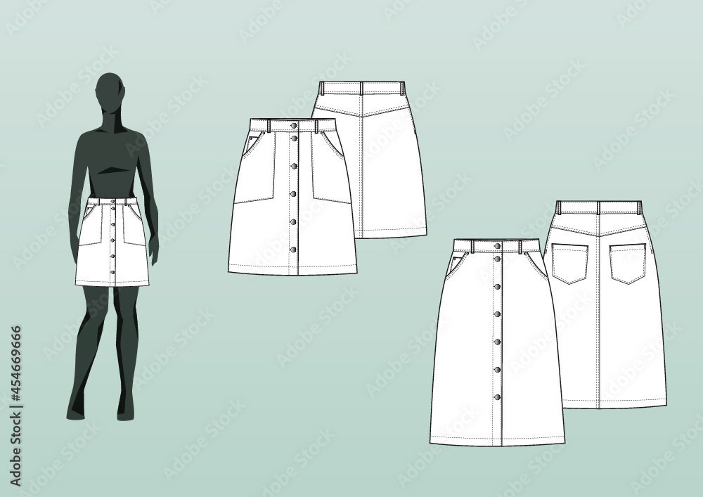 DENIM SKIRT WITH BUTTONS, ALINE. Fashion design technical flat sketch ...