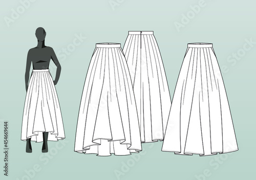 BELL HEM MAXI SKIRT. Fashion design technical flat sketch template for product instructions. Easy to edit, front and back view.