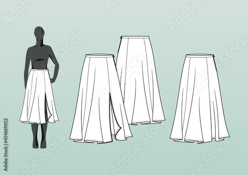 BELL HEM MIDI SKIRT, FLUID. Fashion design technical flat sketch template for product instructions. Easy to edit, front and back view.