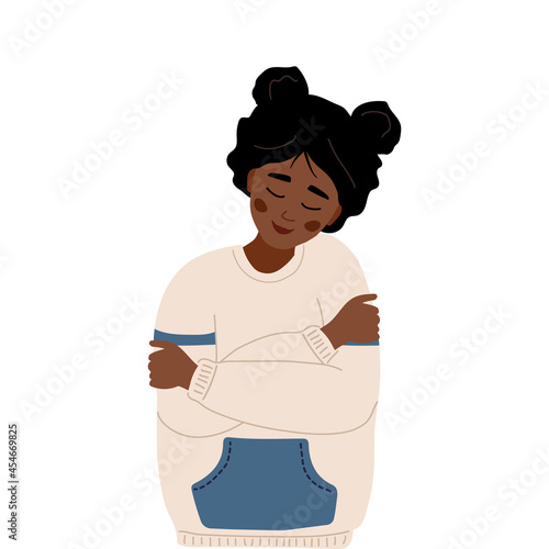 Love yourself. Self care. Mental health concept. Happy african woman hugging herself. Smiling teenager enjoys her freedom. Vector illustration in flat cartoon style.