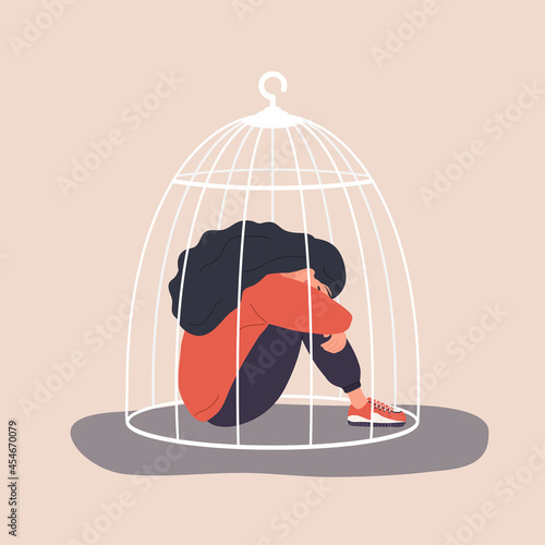 Woman locked in cage. Sad girl needs psychological help. Social isolation concept. Female empowerment movement. Violence in family. Vector illustration in cartoon style.