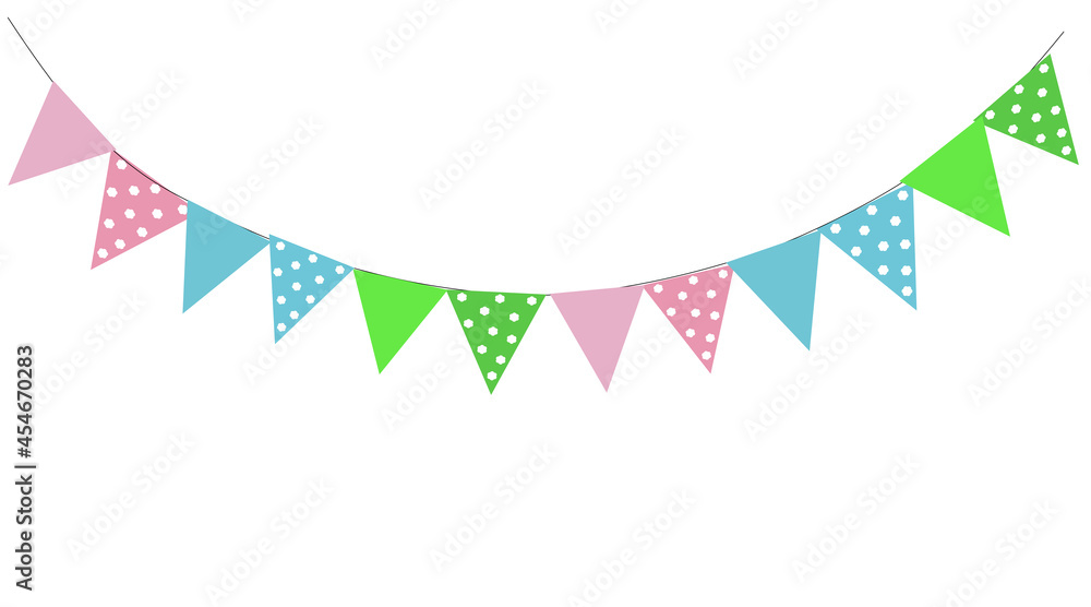 Greeting or Birthday party invitation with carnival,bunting flag garlands. Part decorating concept with colorful hanging above. Happy birthday.  with copy space for your text.