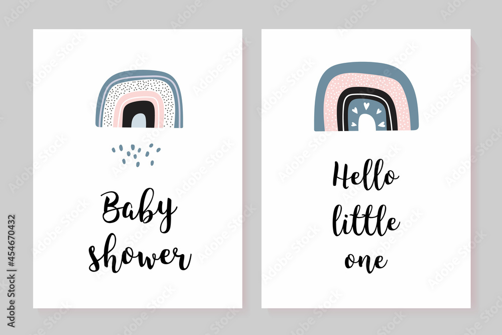 Baby shower posters set. Vector invitation with cute illustrations. Rainbow.