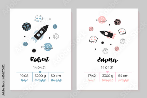 A set of children's posters, height, weight, date of birth. Rocket, space.