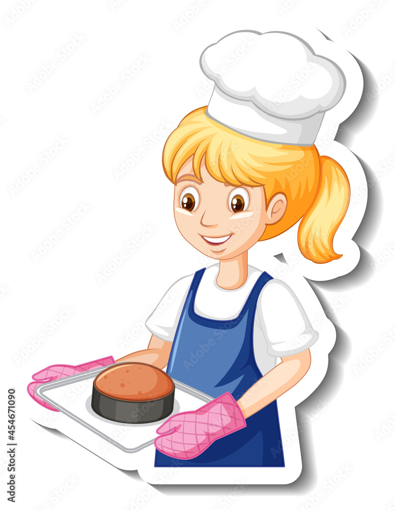Chef girl holding baked tray cartoon character sticker Chef girl holding baked tray cartoon character sticker