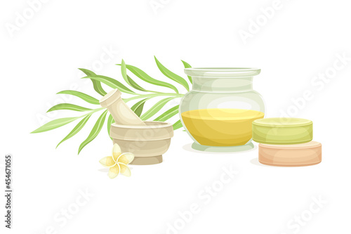 Spa and Aromatherapy with Essential Oil and Mortar with Pestle Vector Composition