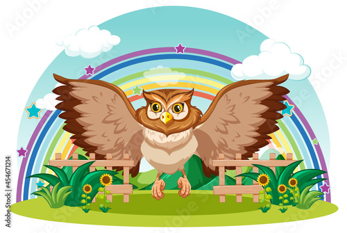 Owl in the garden with rainbow on white background