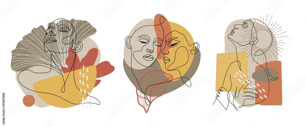 Creative Collage Templates with Line Art Women Faces, Leaves for Media Frame. Set of Simple Print for Wall Decor. Poster. Creative Minimal Templates for Story with Abstract Colorful Shapes, Woman.