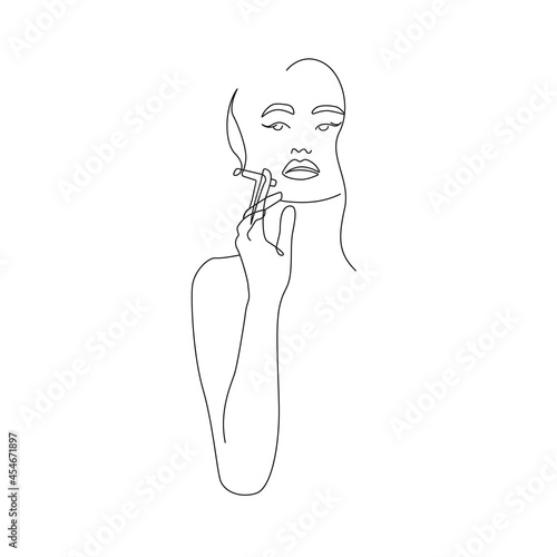 Woman Smoking Line Art Drawing. Girl Smoking Abstract Linear Silhouette on White Background. Woman Modern Line Drawing for Glamour Logo Minimal Style, Label Design. Vector EPS 10