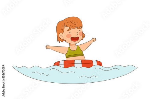 Smiling Little Girl Enjoying Summer Swimming in Sea Water with Rubber Ring Vector Illustration