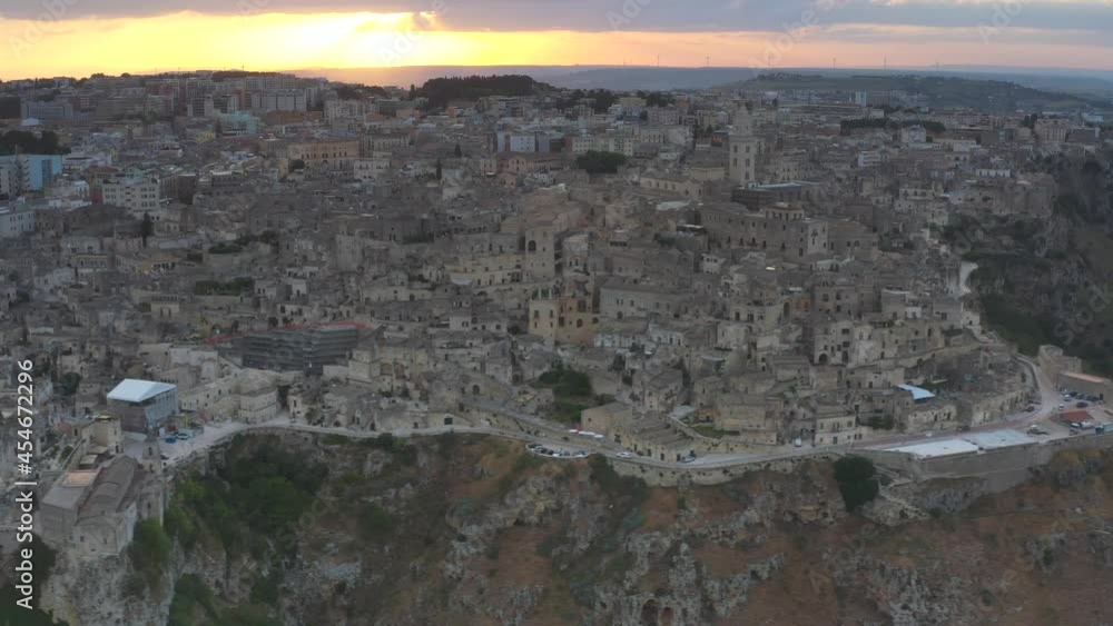 Aerial view of Matera at sunset. The city of stones in Basilicata Aerial view of Matera at sunset. The city of stones in Basilicata