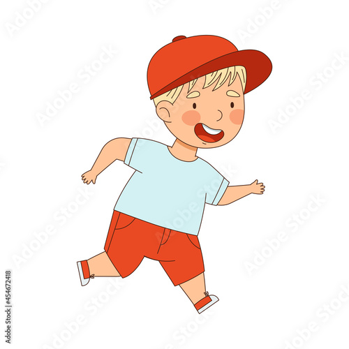 Smiling Little Boy Enjoying Summer Running Forward with Joy Vector Illustration