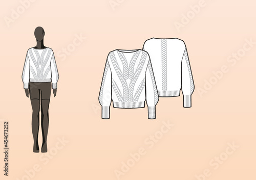 CABLE KNIT SWEATER, BOAT NECK, RELAXED FIT. Fashion design technical flat sketch template for product instructions. Easy to edit, front and back view.