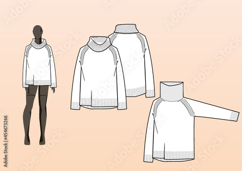 KNIT SWEATER, OVER SIZE, LOOSE COLLAR. Fashion design technical flat sketch template for product instructions. Easy to edit, front and back view.