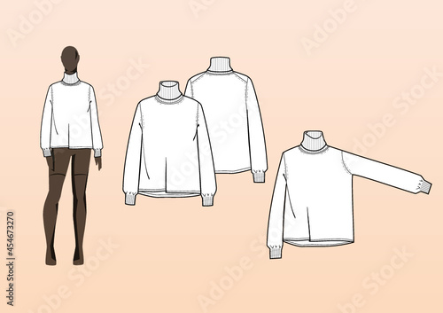 KNIT SWEATER, POLO NECK, BOXY FIT, BAGGY SLEEVES. Fashion design technical flat sketch template for product instructions. Easy to edit, front and back view.