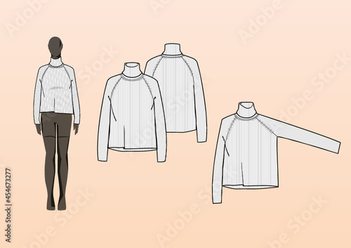 RIB KNIT SWEATER, POLO NECK, BOXY FIT. Fashion design technical flat sketch template for product instructions. Easy to edit, front and back view.