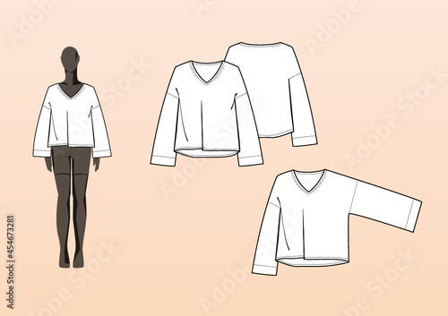 KNIT SWEATER, BOXY, WIDE SLEEVES. Fashion design technical flat sketch template for product instructions. Easy to edit, front and back view.