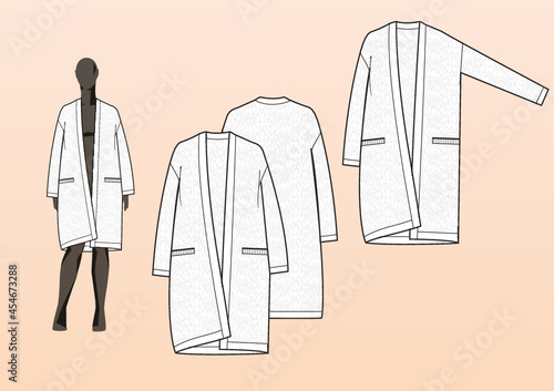 KNIT CARDIGAN, LONG, BOXY. Fashion design technical flat sketch template for product instructions. Easy to edit, front and back view.