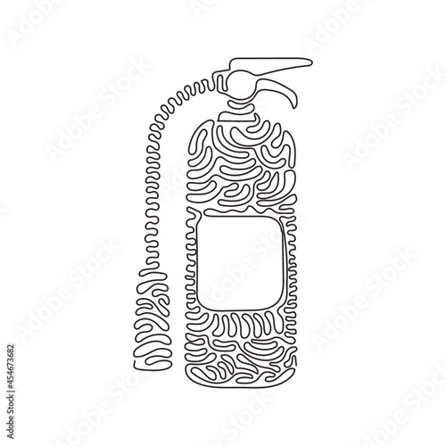 Continuous one line drawing red fire extinguisher protection with nozzle. Portable fire equipment from big fire department set. Swirl curl style. Single line draw design vector graphic illustration