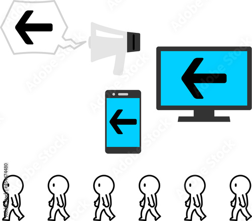 テレビやスマートフォンに誘導され歩く行列