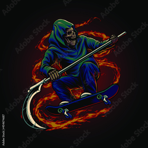 grim reaper riding skateboard illustration