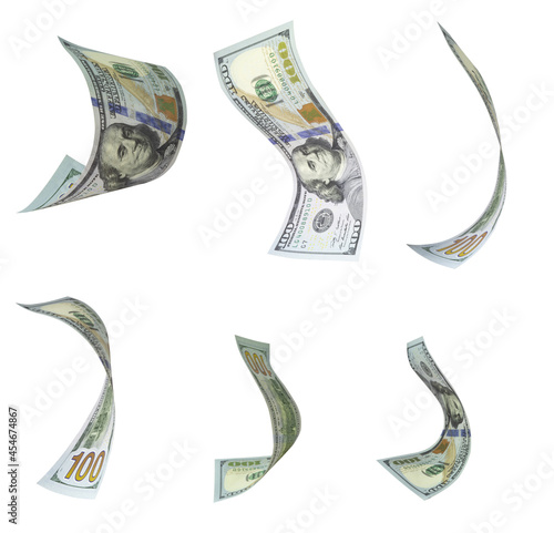 6 images of curved us hundred dollar bill flying. Isolated on white image.