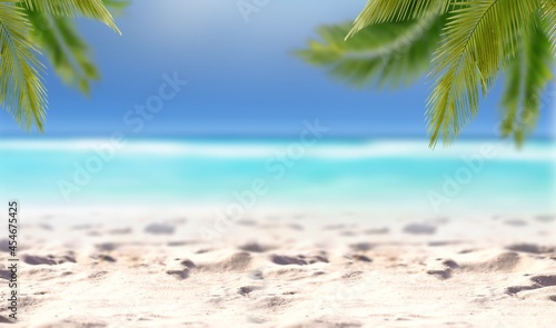 Fototapeta Naklejka Na Ścianę i Meble -  Sand with blurred Palm and tropical beach bokeh background,