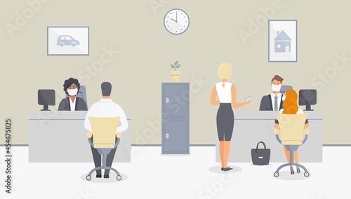 Bank office or insurance company is open during epidemic of virus. Employees in protective medical masks serve customers.Interior with safe and paintings with house and car.Vector illustration