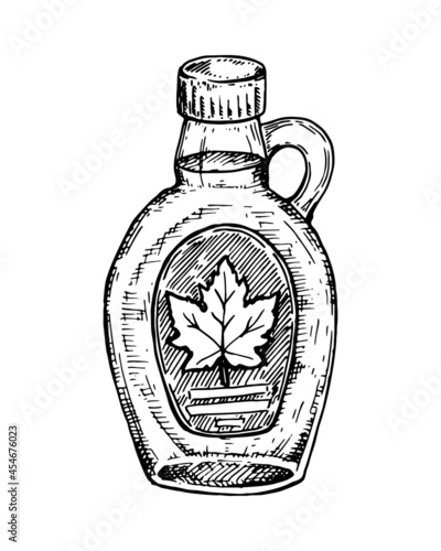 Hand drawn glass bottle with maple syrup. Vector illustration in sketch style