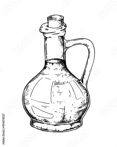 Hand drawn glass bottle with olive oil. Vector illustration in sketch style