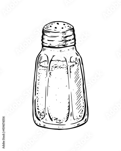 Hand drawn salt in a salt shaker. Vector illustration in sketch style