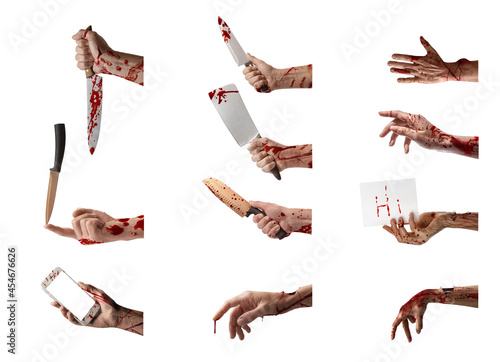 Photography Set of human hands covered with blood on white background