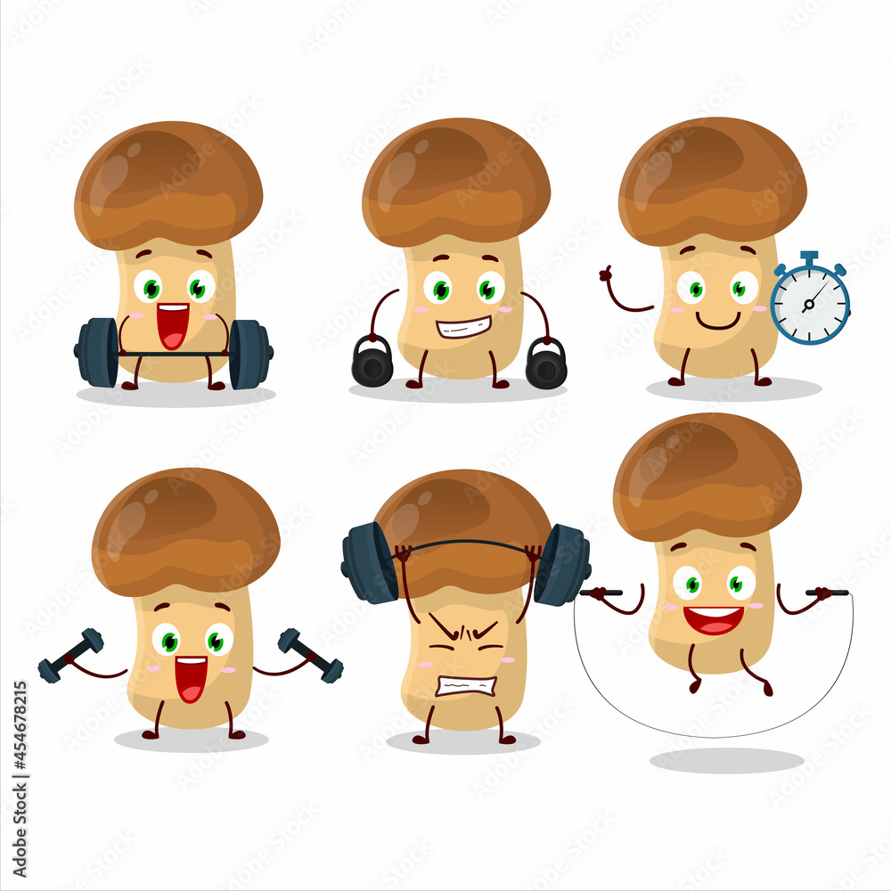 A healthy straw mushroom cartoon style trying some tools on Fitness center A healthy straw mushroom cartoon style trying some tools on Fitness center