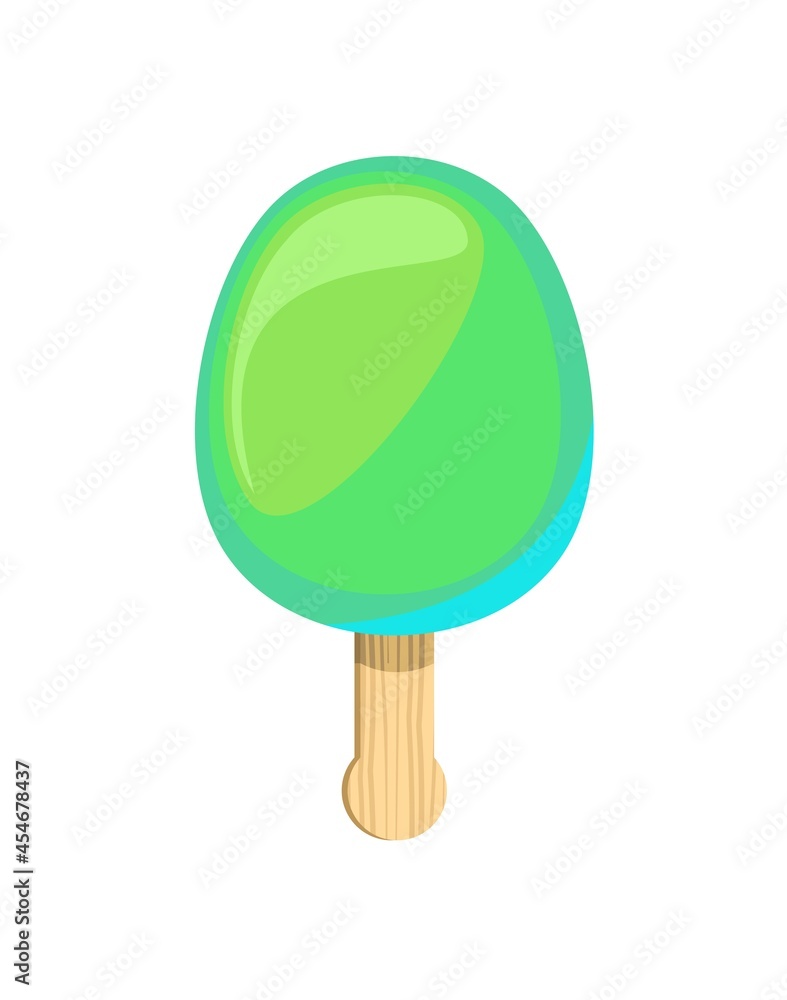 Green Ice cream. Summer food sweet dessert. Flat design. Object is isolated on a white background. Popsicle on a stick. Illustration Vector. Green Ice cream. Summer food sweet dessert. Flat design. Object is isolated on a white background. Popsicle on a stick. Illustration Vector.