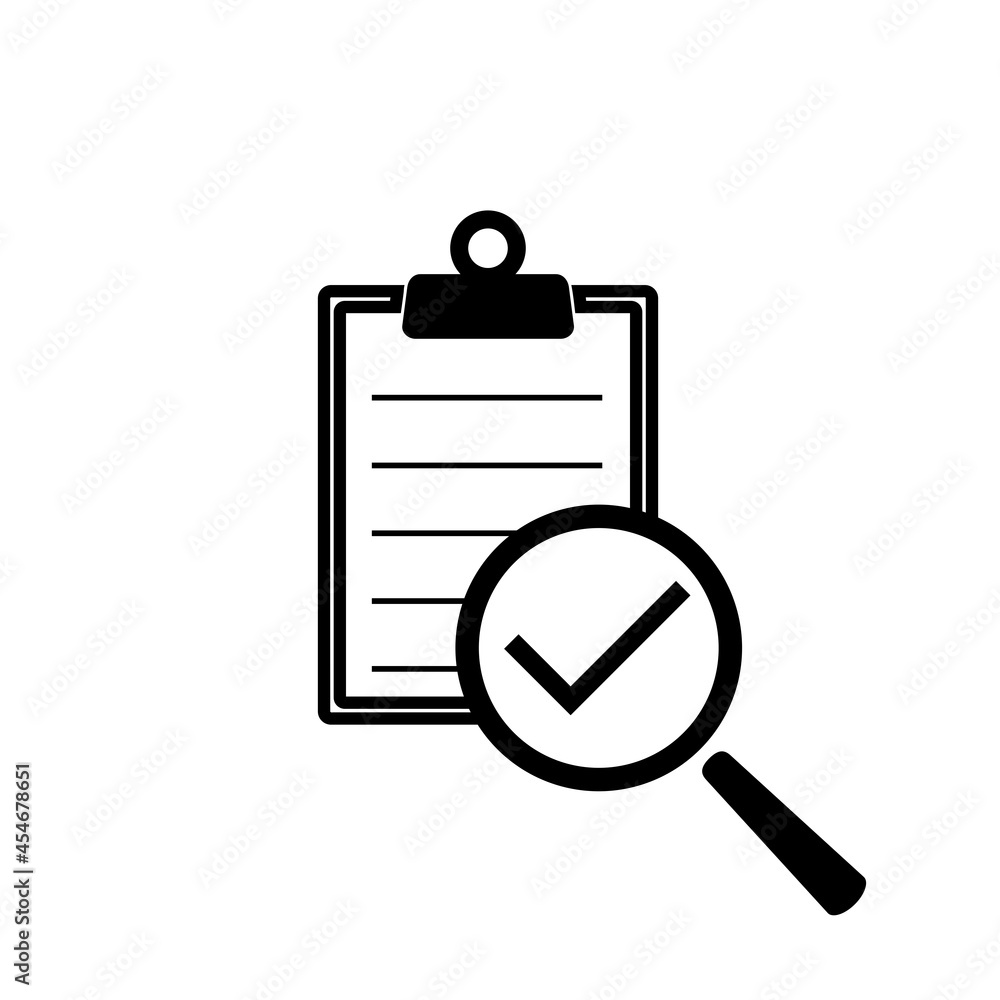 Policy compliance icon with checklist verification with magnifying glass isolated on white background Policy compliance icon with checklist verification with magnifying glass isolated on white background