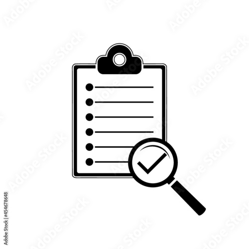 Policy compliance icon with checklist verification with magnifying glass isolated on white background