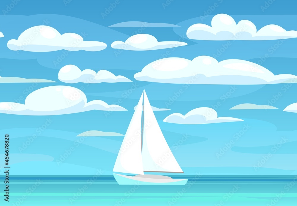 Sailing yacht. Calm blue sea. White single masted vessel with classic hull lines. Sky and clouds. View from afar. Flat style. Vector.