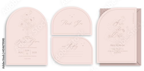 Modern wedding invitation, light pink wedding invitation template, arch shape with bouquet of flowers and handmade calligraphy
