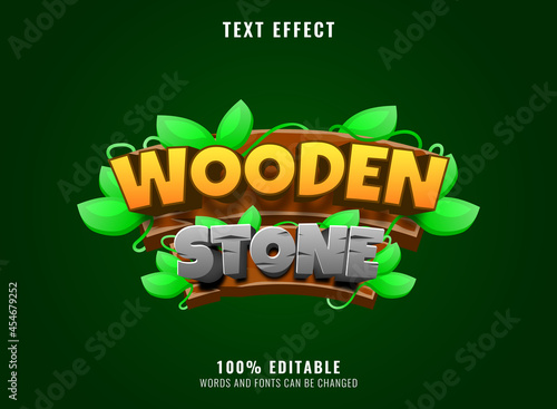 wooden stone with wooden leaves frame editable game logo title text effect