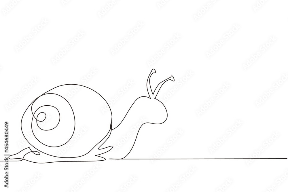 Single one line drawing common garden snail crawling. Snail animal mascot  for food logo identity. High nutritious escargot healthy food concept.  Continuous line draw design graphic vector illustration Stock Vector | Adobe