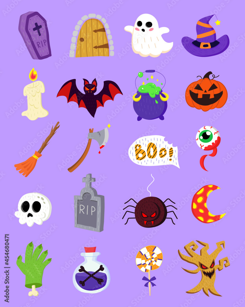 Cute halloween doodle vector set. Cartoon happy halloween illustrations for design