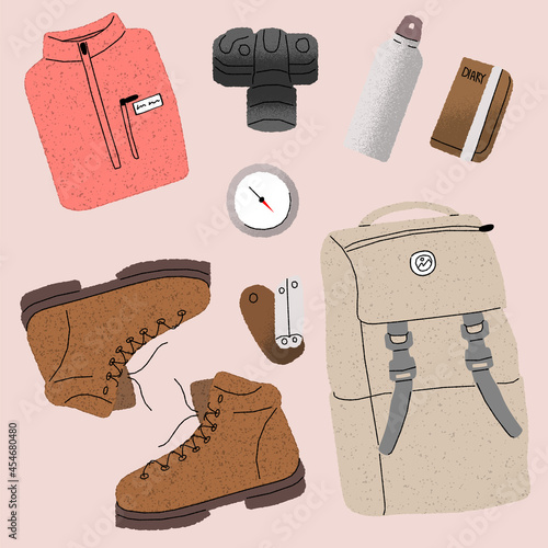 backpacking goods hand drawing illustration set photo